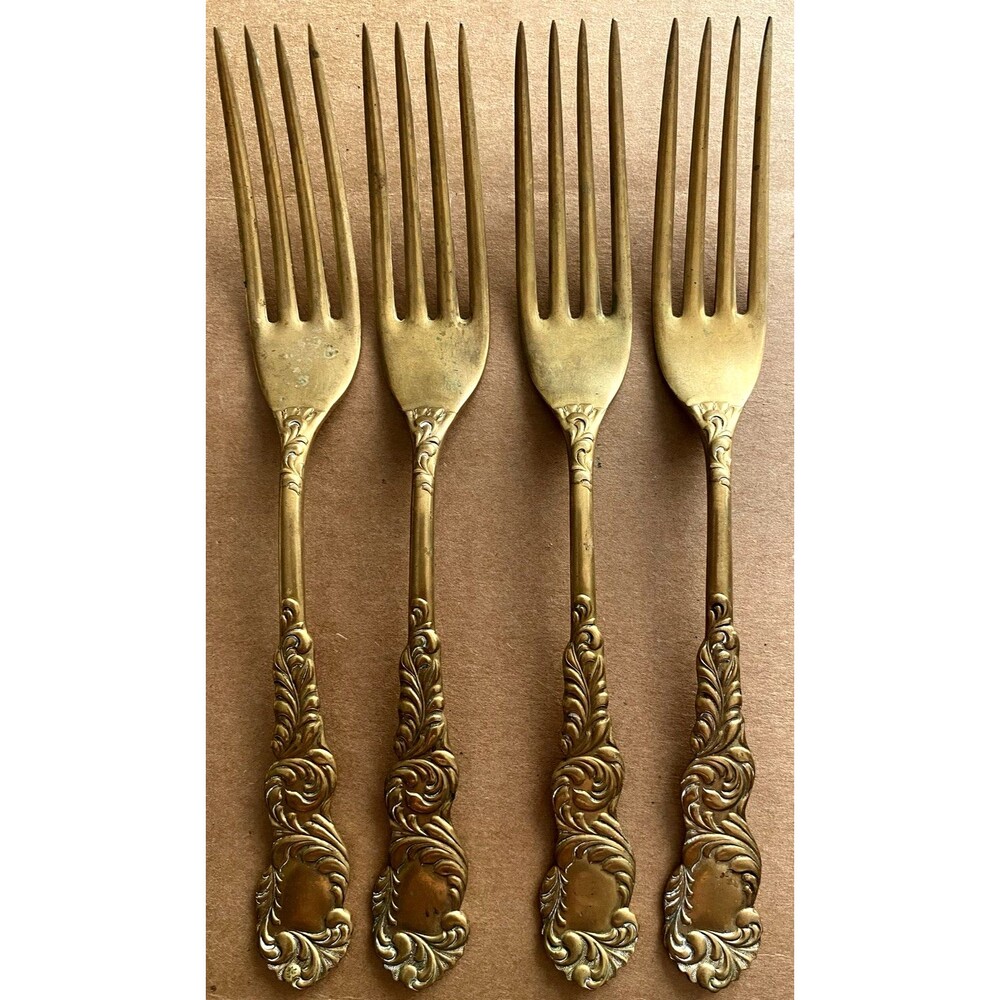 Vintage Waldo HE Gold Tone Brass Dinner Forks Lot of 4 Rococo Scroll Flatware 7"